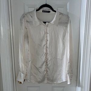 Allegra K Cream Satin Blouse